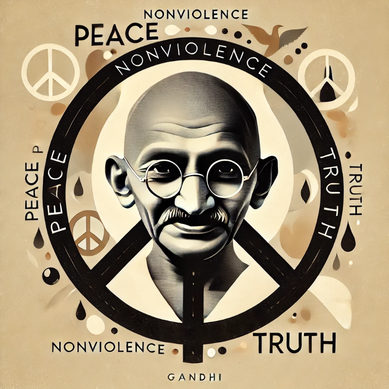 마하트마 간디의 흑백 초상화가 중앙에 배치되고, 주변에 ‘평화’, ‘비폭력’, ‘진리’라는 단어들이 떠다니는 디지털 아트 스타일. 배경은 따뜻한 아이보리 톤이며, 고요한 분위기를 표현한 이미지.