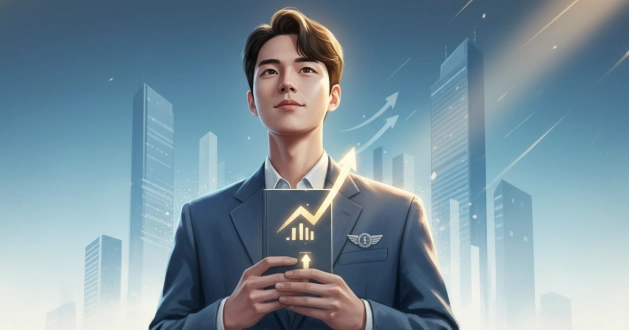 희망찬 표정의 청년이 미래를 바라보며 금융 지원을 상징하는 열쇠를 쥐고 있는 모습