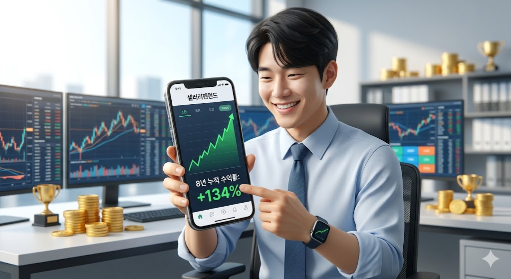 밝고 현대적인 분위기에서 스마트폰 앱을 통해 자산 증식을 확인하는 직장인의 모습을 금빛 그래프와 함께 표현