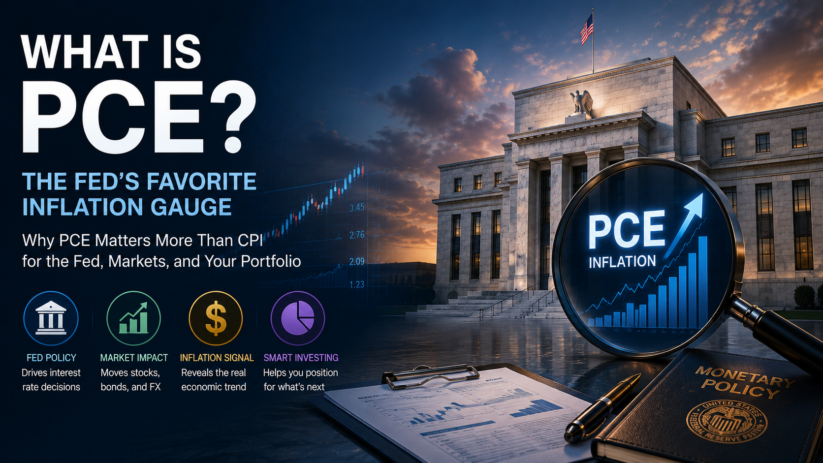 Federal Reserve building with PCE inflation indicator, financial charts, and economic data representing the Fed's preferred inflation gauge.
