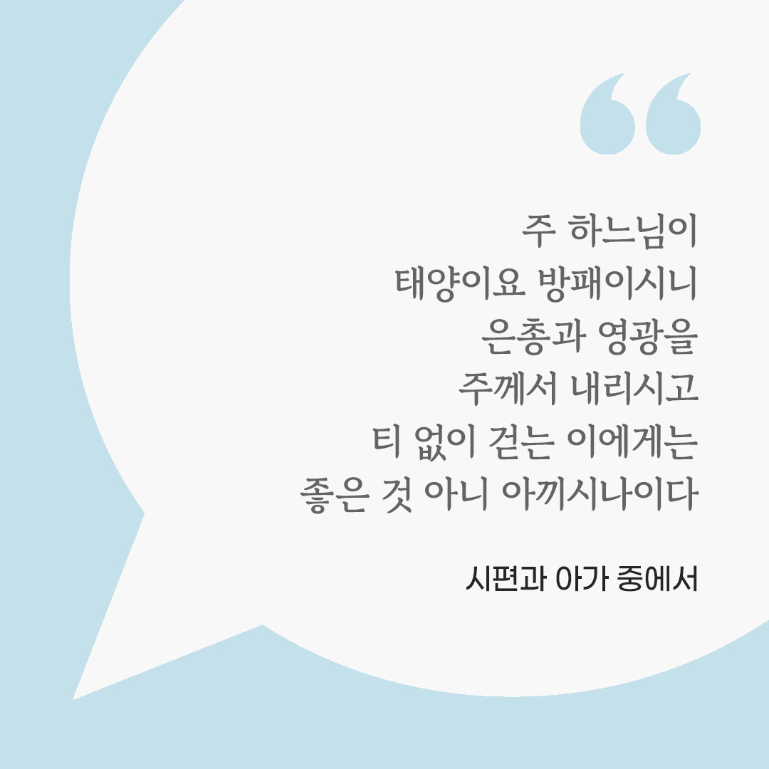주 하느님이 태양이요 방패이시니 은총과 영광을 주께서 내리시고 티 없이 걷는 이에게는 좋은 것 아니 아끼시나이다. (시편과 아가 중에서) 피어나네 마음을 살리는 가톨릭 명언 이미지
