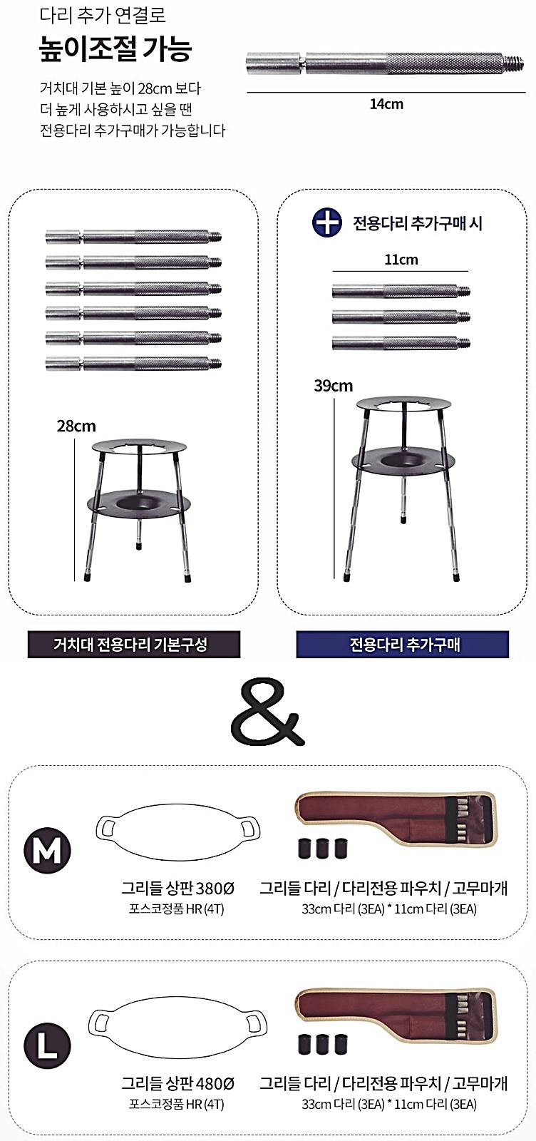 버너 스탠드와 그리들 다리 조합