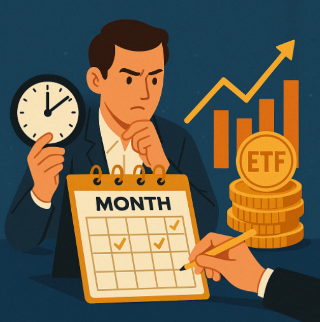월배당 ETF 투자 시점을 계획하는 투자자가 시계를 들고 달력을 체크하며 일정과 타이밍을 고민하는 모습. 배경에는 상승 그래프와 ETF 금화가 함께 표현되어 있어 투자 시점 전략의 중요성을 강조함