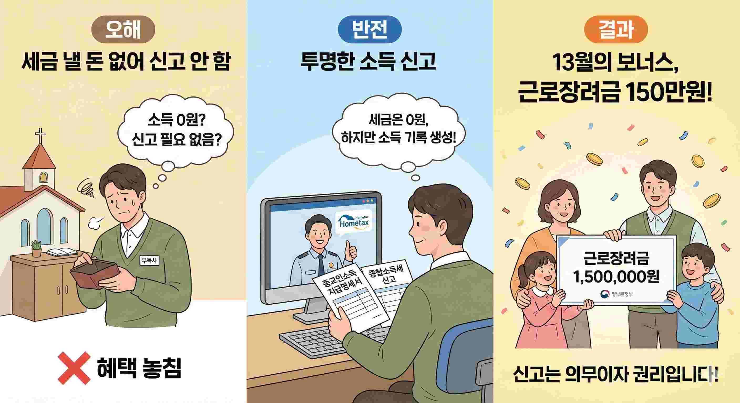 [사례 분석] "세금 낼 돈도 없는데 신고는 무슨..." 소득 없는 줄 알았던 전도사님, 부목사님, 근로장려금 150만 원 받은 비결(실무자가 알려주는 연말정산 가이드)