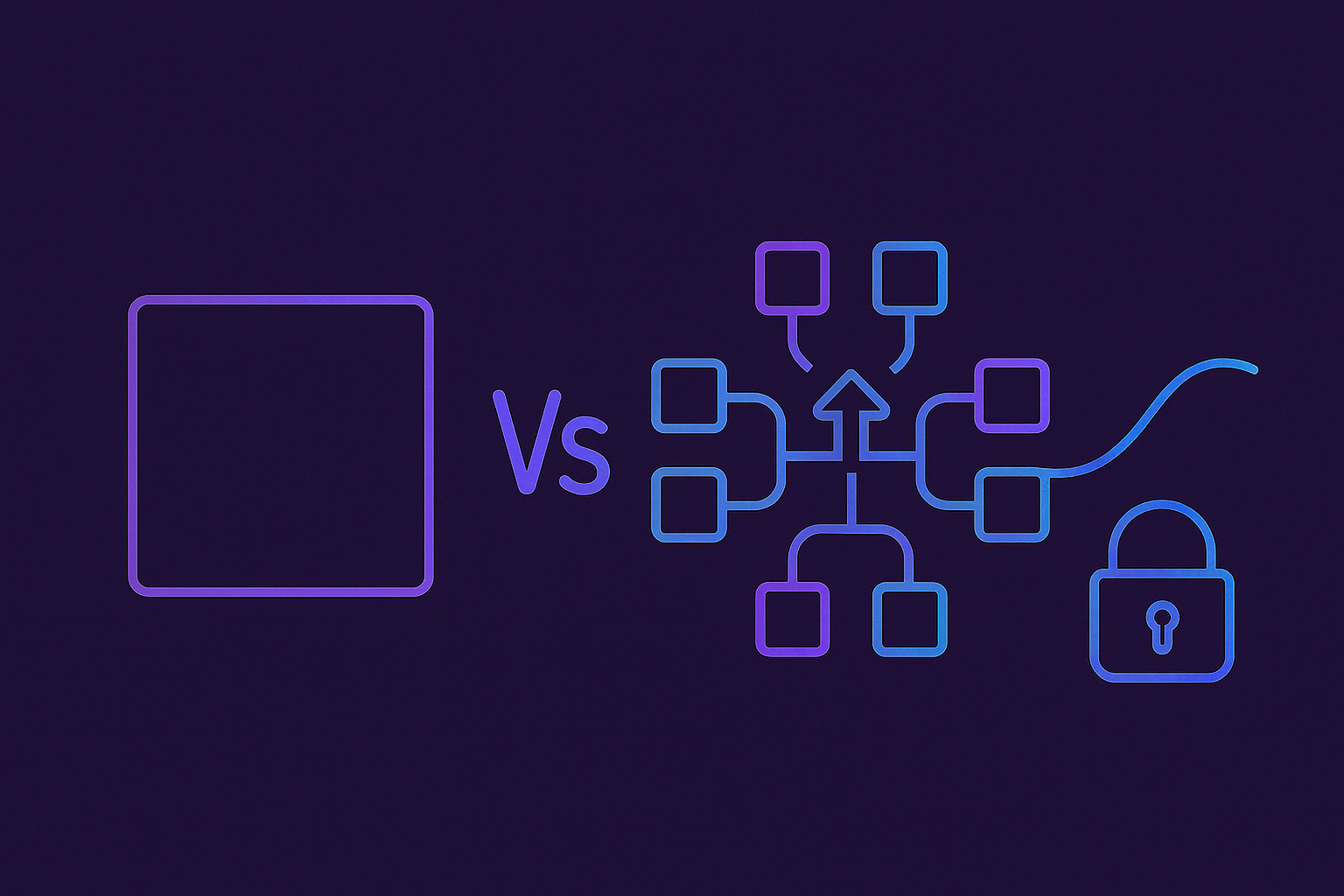 하나의 블록과 분산된 네트워크가 대비되는 아키텍처의 흐름