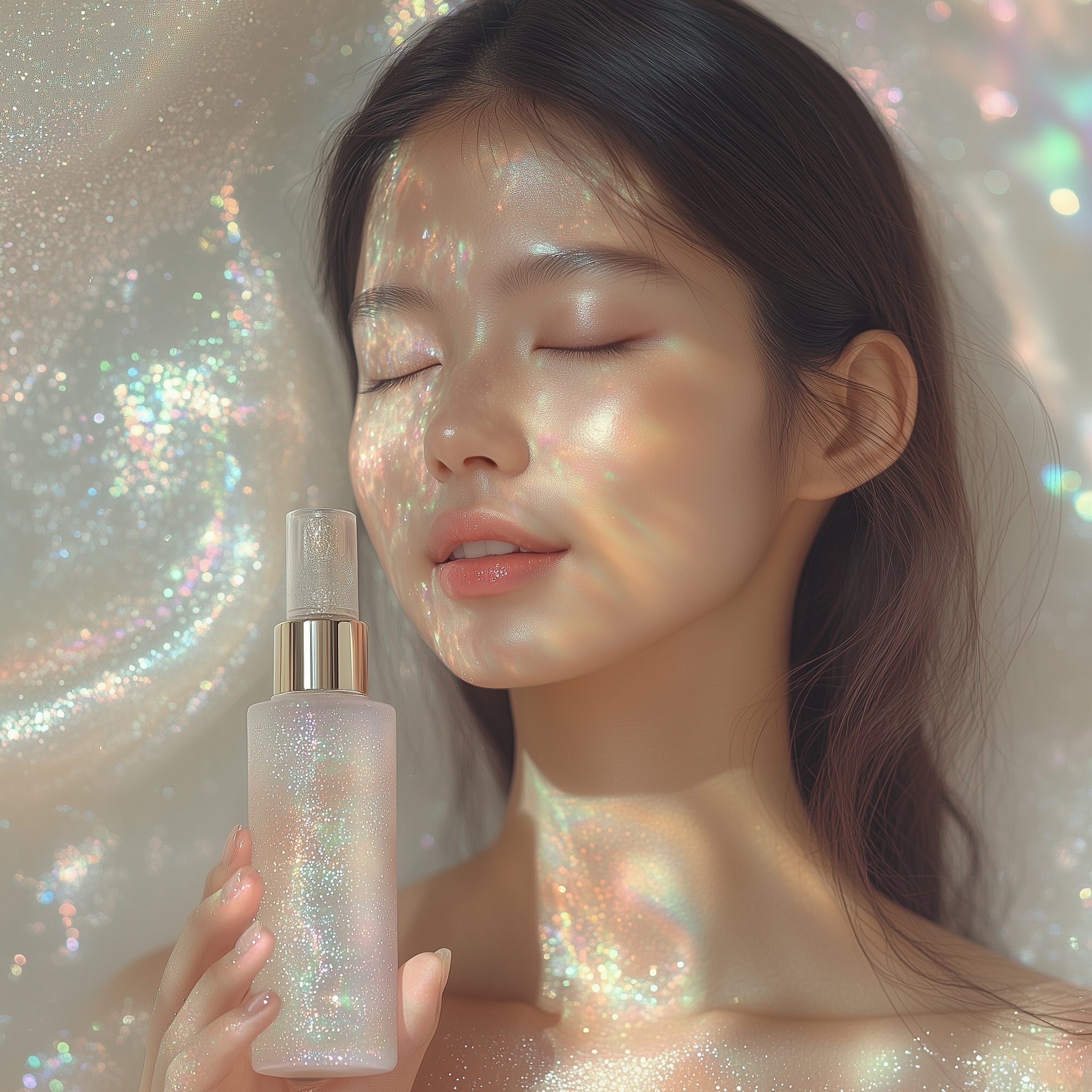 A stunning Asian woman with glowing, flawless skin gently holding a cosmetic product in her hand, a serene smile on her face, surrounded by a soft gradient background of cool blues and whites symbolizing pH balance and hydration, vibrant and elegant product packaging highlighted with minimalist text, cinematic lighting, volumetric light, soft reflections, ultra-detailed textures, hyper-realistic and luxurious beauty advertisement
