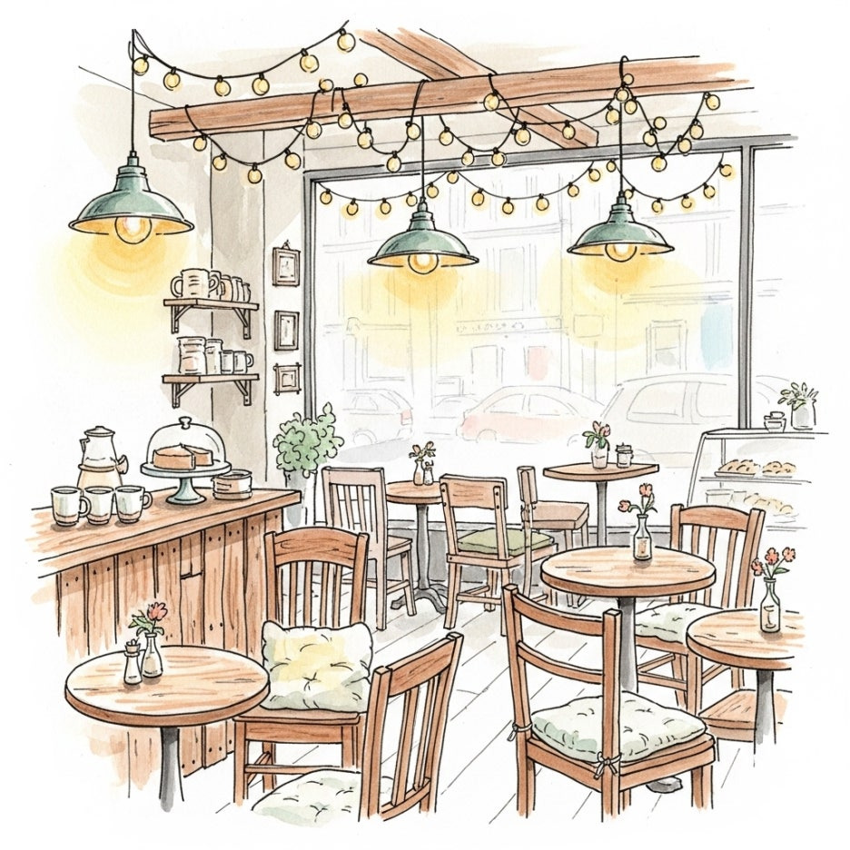 따뜻한 분위기의 작은 카페 내부 수채화 그림
