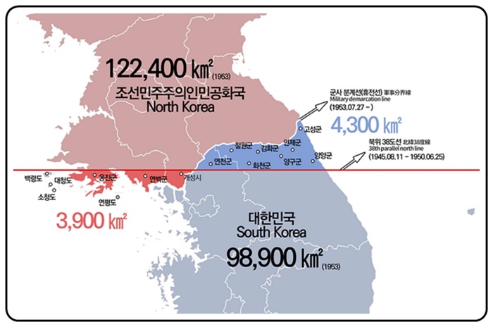 38선이 그어진 한반도 지도