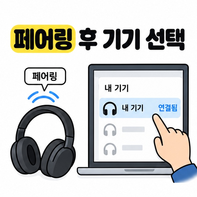 페어링 상태의 무선 헤드폰과 PC 기기 목록에서 내 기기를 선택해 연결됨 상태를 확인하는 모습