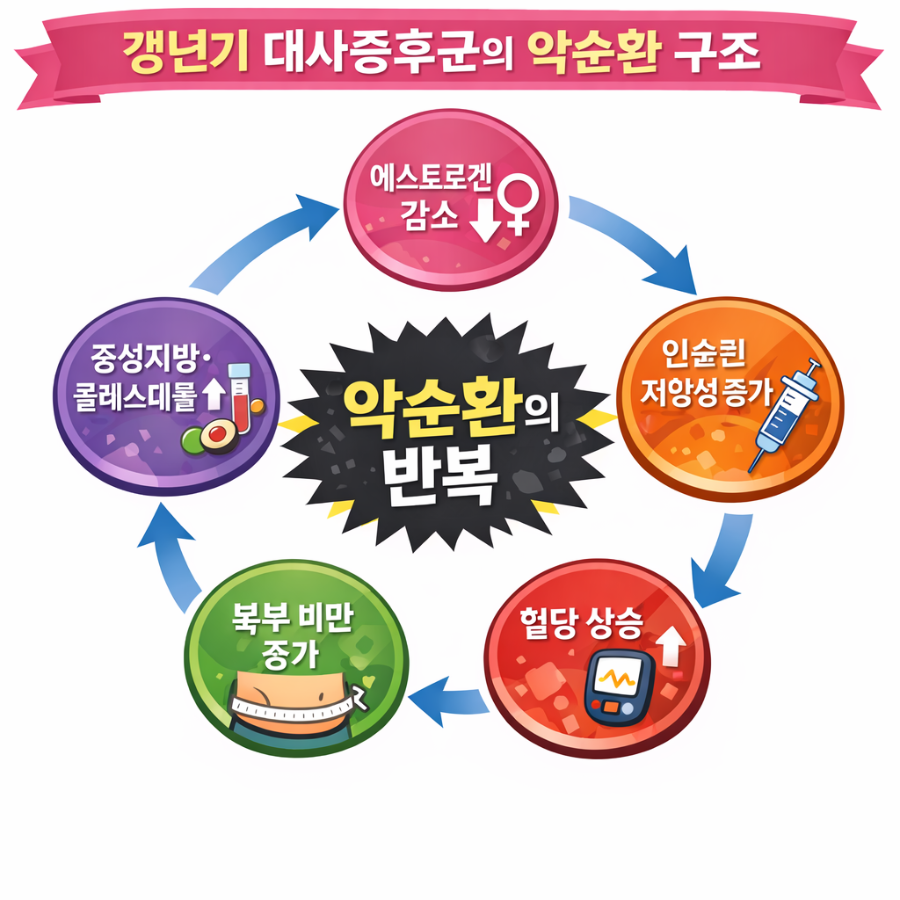 갱년기 대사증후군의 악순환 구조를 설명하는 이미지로, 에스트로겐 감소, 인슐린 저항성, 혈당 상승, 복부 비만, 중성지방 증가가 서로 연결된 흐름을 보여줍니다