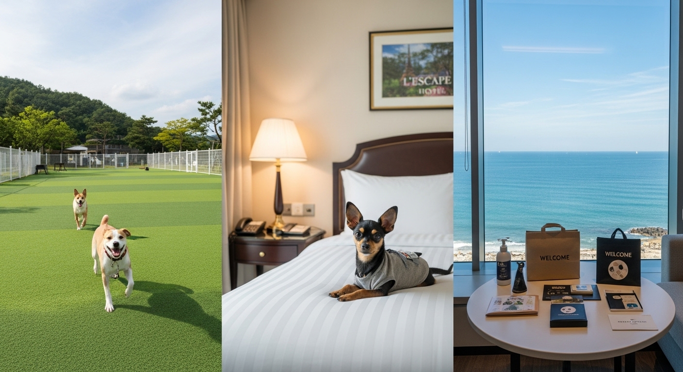 국내 추천 펫호텔 3곳(소노펫, 레스케이프, 그랜드 조선 부산)의 특징을 보여주는 콜라주 이미지