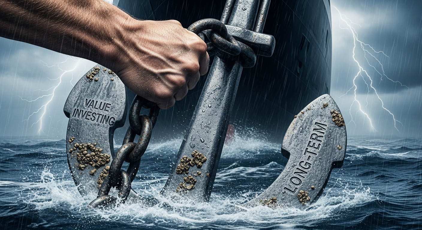 포트폴리오를 상징하는 거대한 배의 닻을 내리는 투자자의 손. 안정적인 가치 투자를 상징함