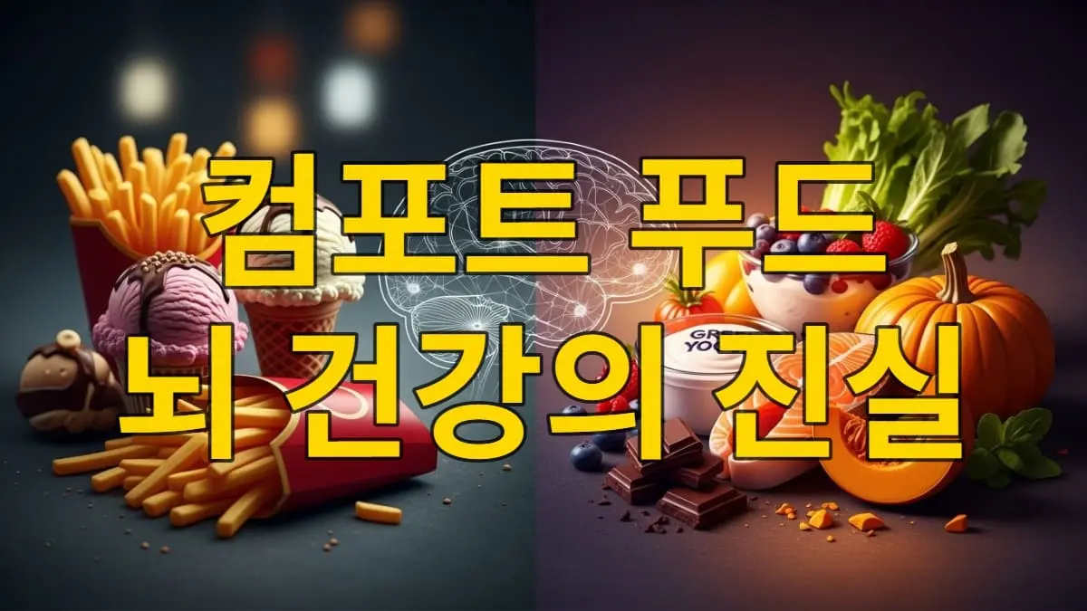 달콤하고 기름진 컴포트 푸드와 뇌 건강에 좋은 신선한 음식들을 대조하여 보여주는 이미지. 뇌 건강과 음식의 관계를 시각적으로 나타냅니다.