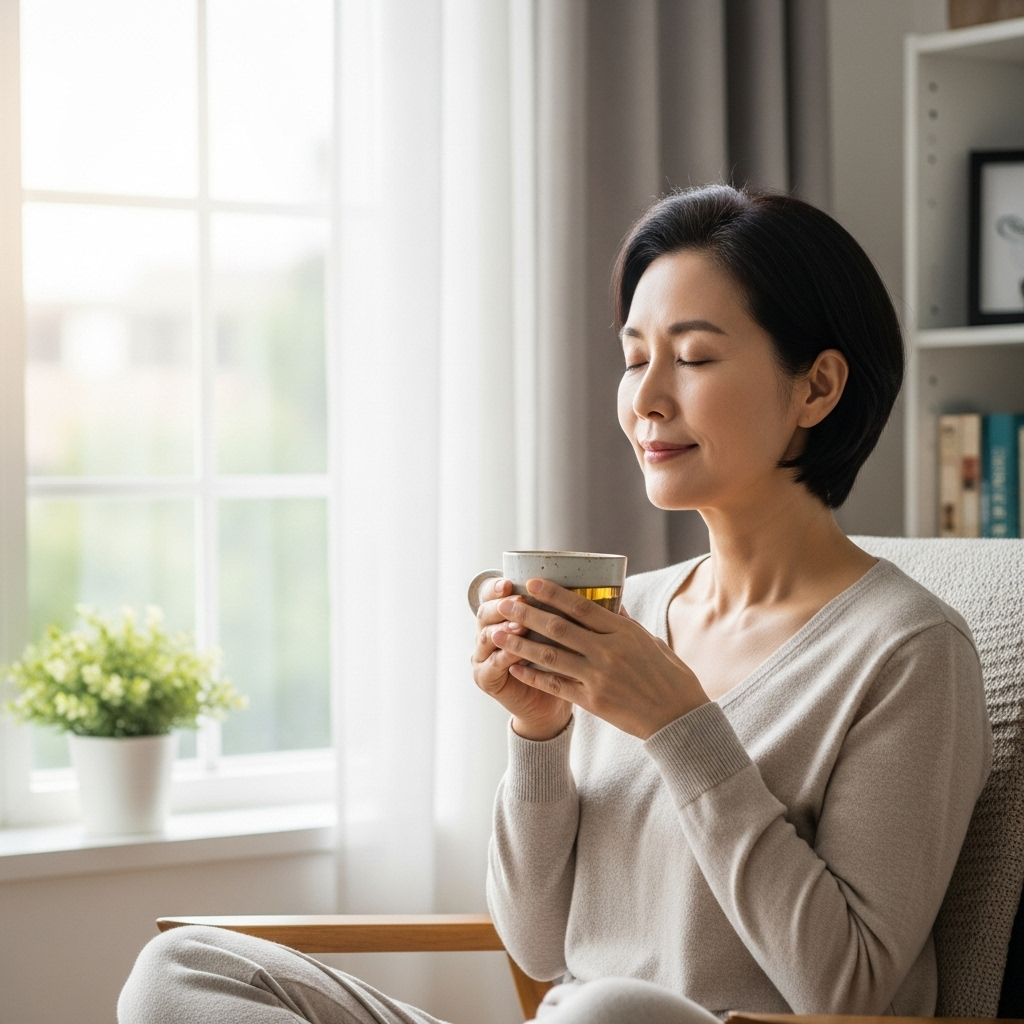 [이미지 4: 창가에 앉아 차를 마시며 평온한 표정으로 명상을 하고 있는 50대 한국인 여성의 모습]