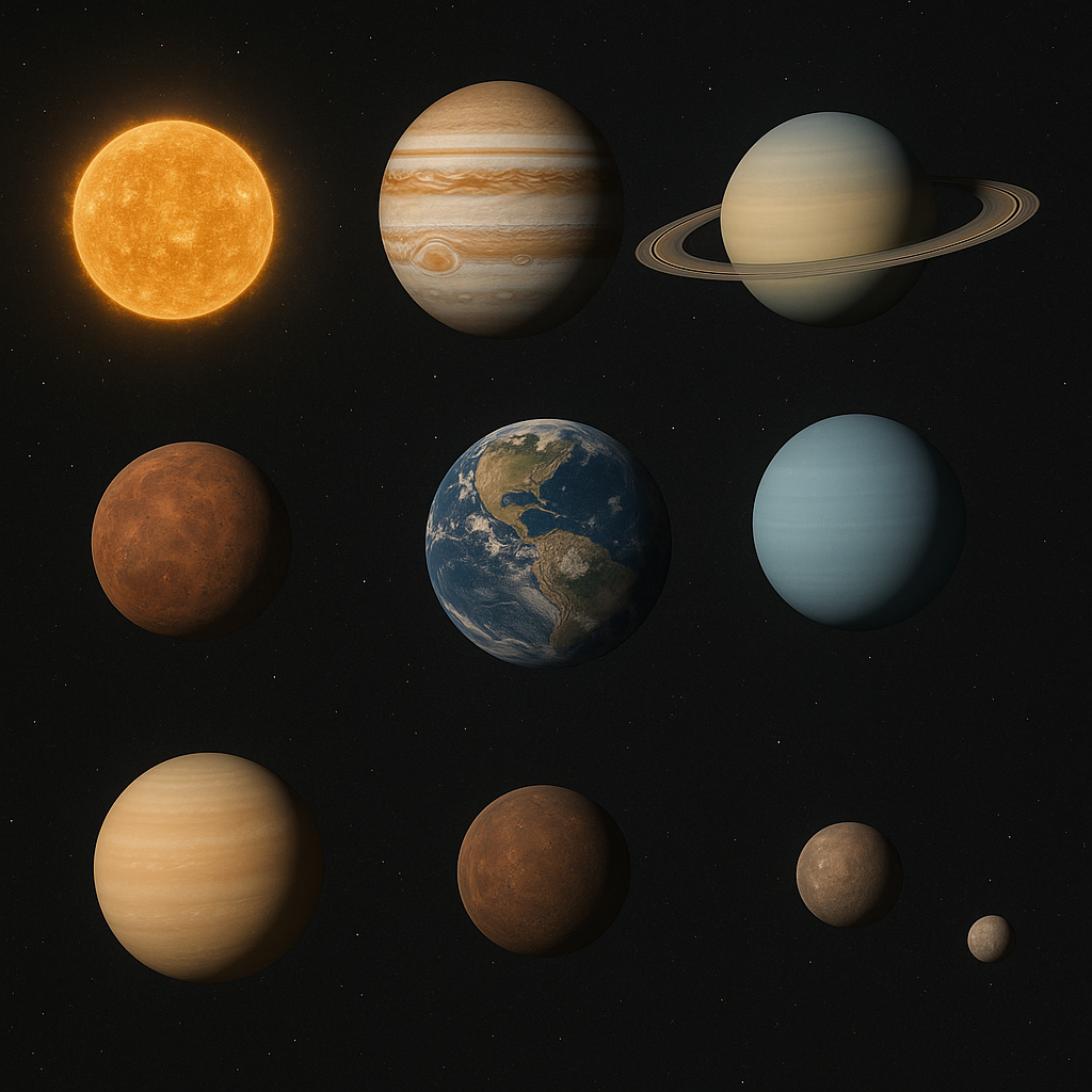 다양한 크기의 천체들과 구형 행성들