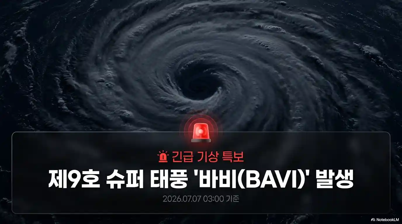 제9호 슈퍼 태풍 바비(BAVI) 발생을 알리는 긴급 기상 특보 화면으로 거대한 태풍 위성과 2026년 7월 7일 기준 정보가 표시된 이미지
