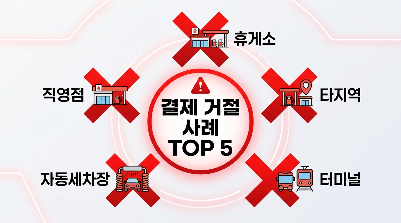 고유가 피해지원금 결제 거절 5가지 사례 - 고속도로 터미널 타지자체 세차 직영점 인포그래픽