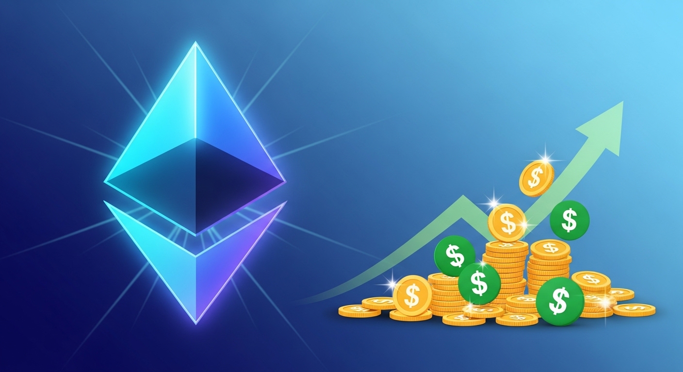 이더리움 로고 옆에 작은 돈다발 아이콘이 쌓이는 모습. 수익 창출을 상징