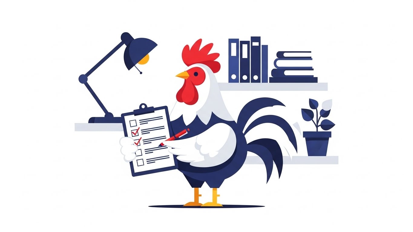 클립보드에 있는 체크리스트를 꼼꼼하게 확인하며 정리하는 닭 캐릭터 일러스트