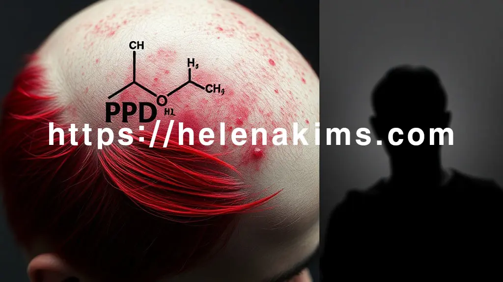 클로즈업된 두피 위로 붉은 염색약 알레르기 반응의 모습.