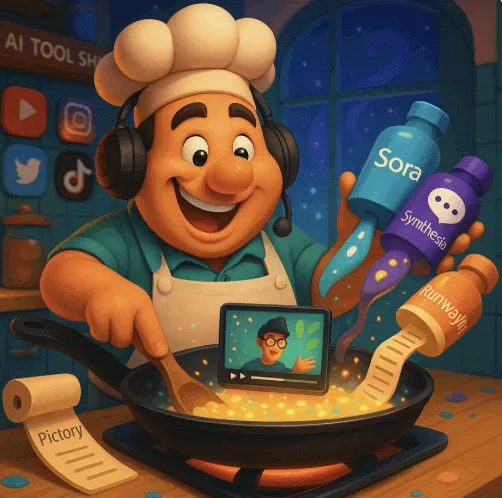 &lsquo;AI 영상 툴, 전략적으로 요리하라&rsquo;는 메시지를 담은 픽사풍 스타일의 대표 이미지. 이 이미지는 Sora, Synthesia, RunwayML, Pictory 4가지 AI 영상 툴을 재료로 요리사가 영상 콘텐츠를 만드는 모습을 통해, 툴 조합의 전략적 중요성을 시각적으로 전달하며 블로그의 AI 영상 자동화와 콘텐츠 전략 주제를 설명함 (ai video tools, text to video, strategic content creation)