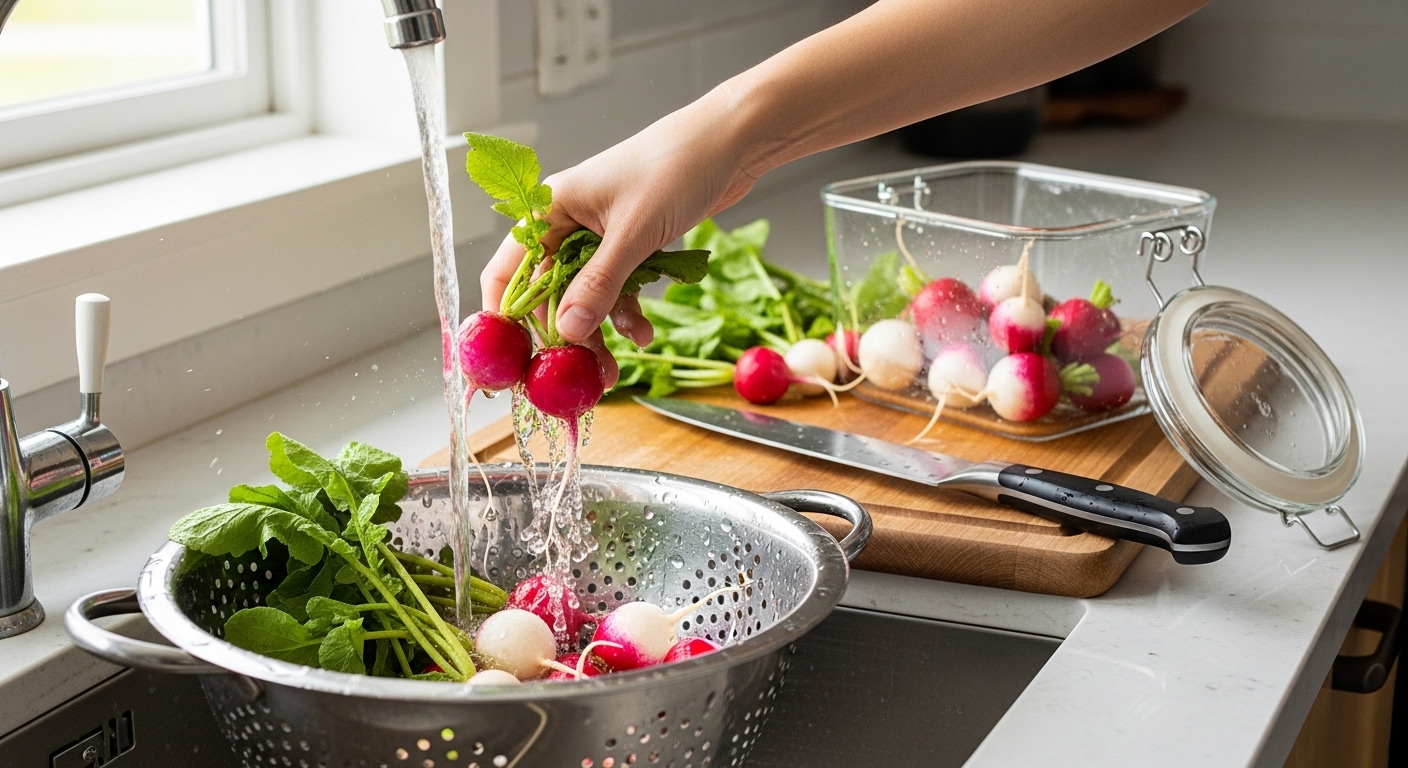 깨끗하게 세척되고 있는 신선한 래디쉬와 보관을 위해 준비된 밀폐 용기, 도마, 칼이 정돈된 주방 조리대 모습. 래디쉬 세척 및 보관법을 시각적으로 보여줍니다.