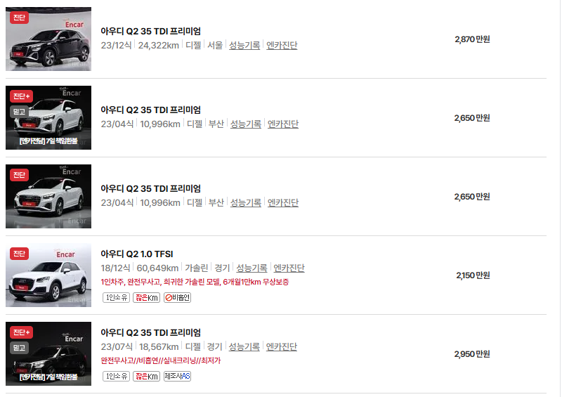 아우디 Q2 중고차 가격 시세표 유지비