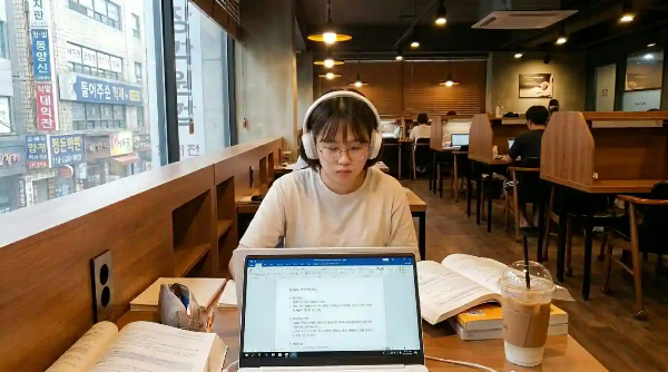 스터디 카페에서 헤드셋을 착용하고 공부에 열중하고 있는 여학생.