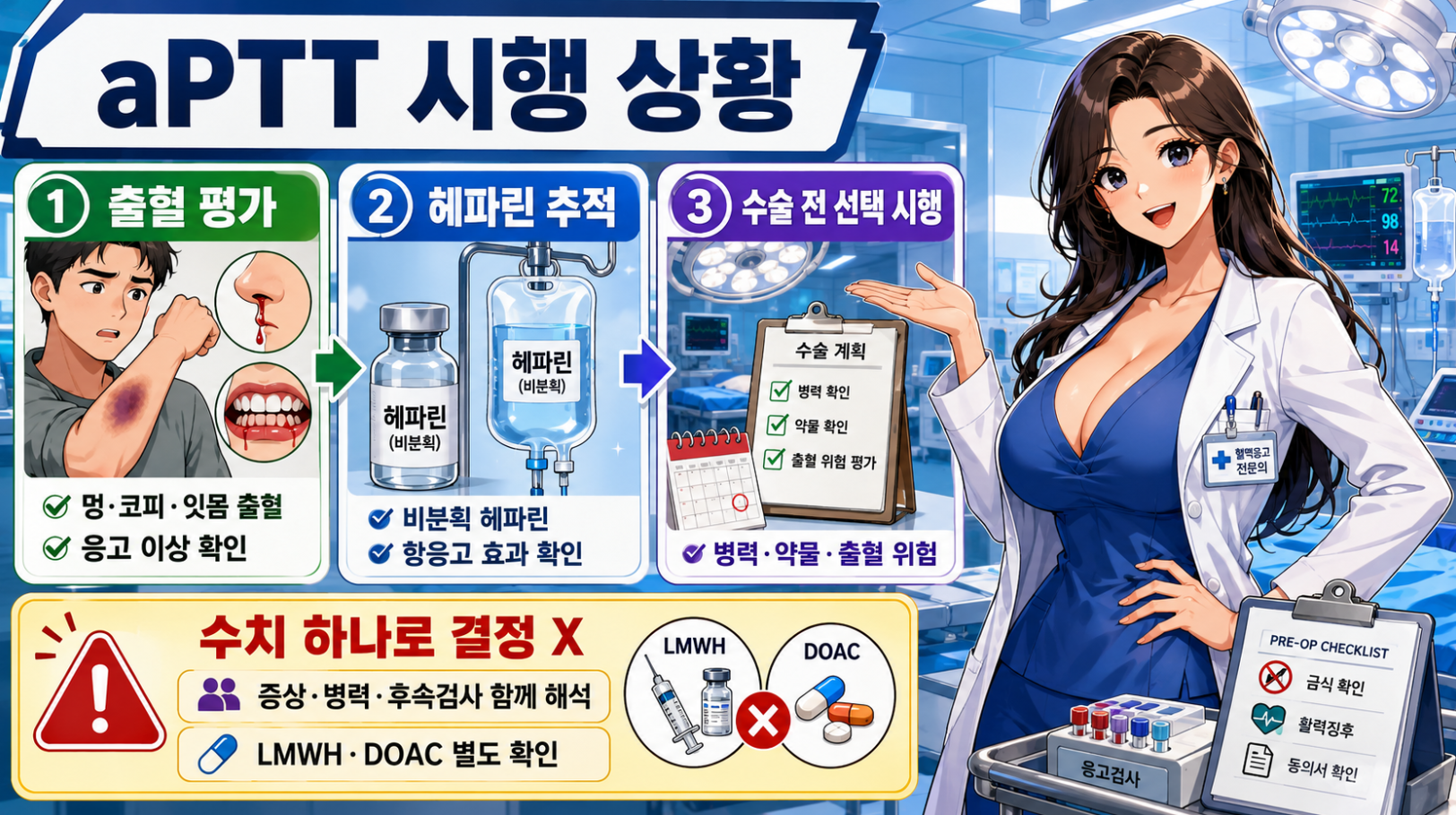 aPTT 검사를 시행하는 상황과 출혈 평가, 헤파린 추적, 수술 전 검사를 설명하는 메디컬 인포그래픽
