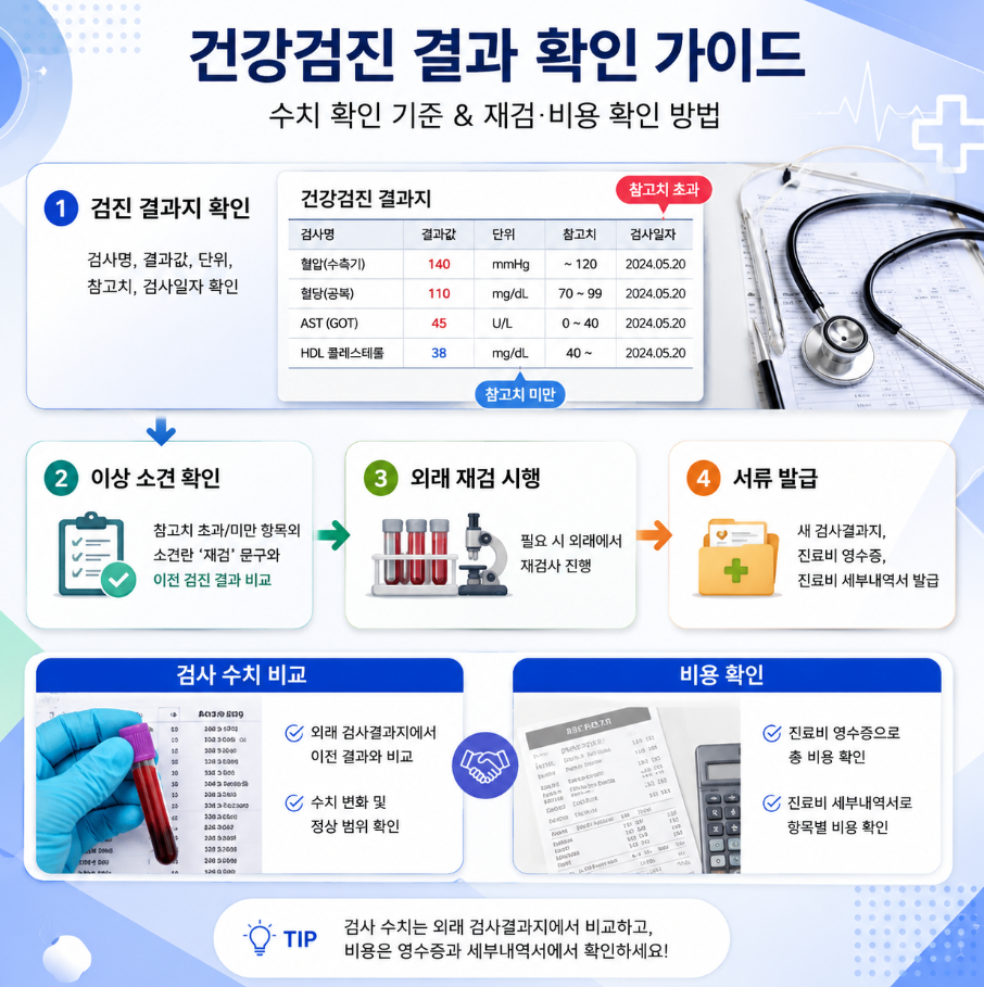 건강검진 결과지의 검사명, 결과값, 단위, 참고치, 검사일자와 외래 재검 비용 확인 순서를 정리한 의료 인포그래픽