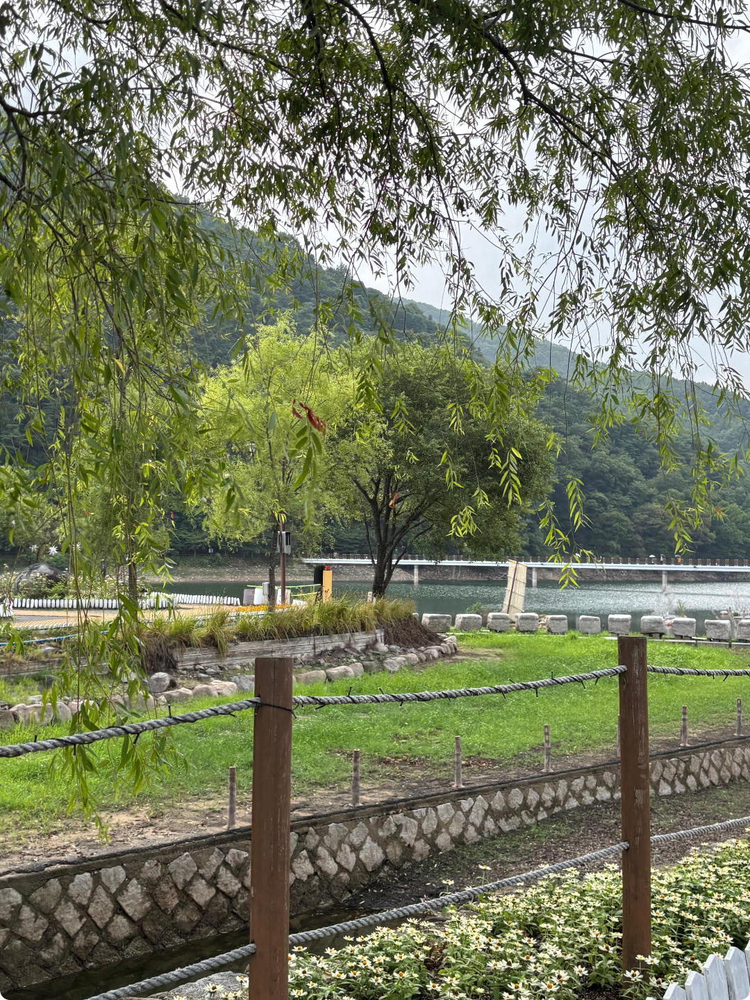 푸른 산자락 아래 잔잔히 물결치는 옥연지, 송해공원에서 마주한 시원한 풍경