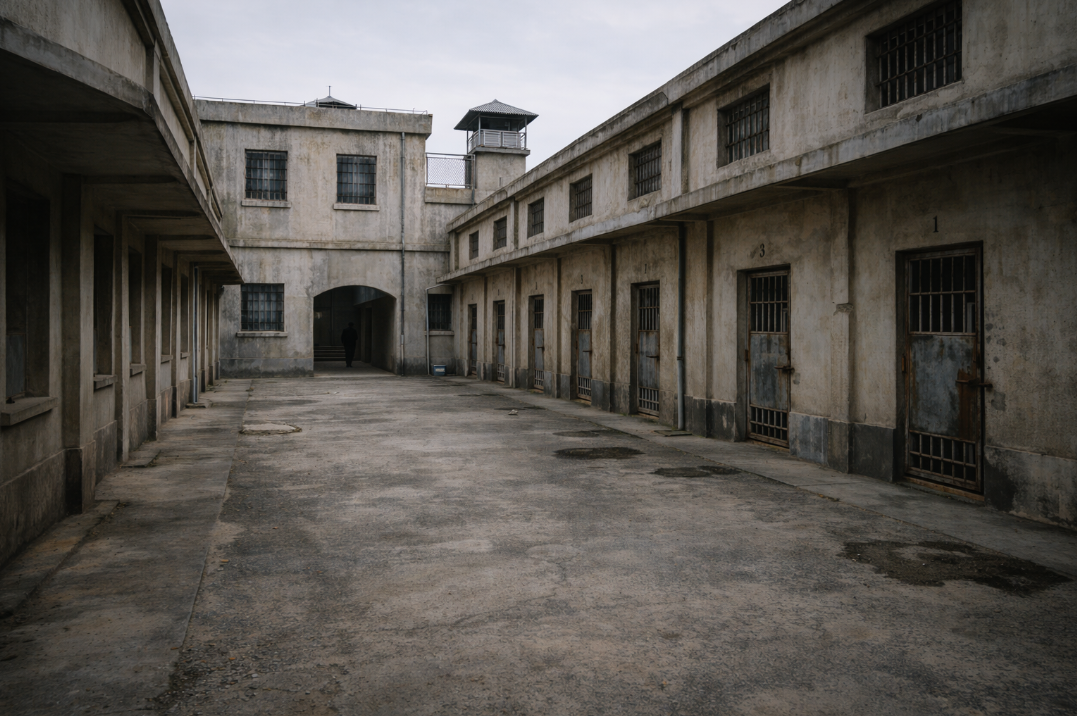 익산 교도소세트장의 차가운 복도 또는 중정 공간이 현실감 있게 보이는 모습