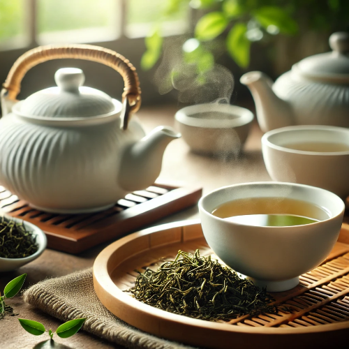 전통적인 하얀 찻잔과 주전자에서 따뜻한 김이 나는 녹차, 주변에 흩어진 녹차 잎과 대나무 매트로 꾸며진 차분한 티타임 장면.