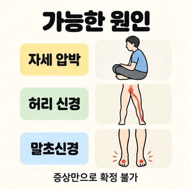 자세 압박, 허리 신경, 말초신경을 앉은 자세와 허리에서 다리로 이어지는 표시 및 양쪽 발 그림으로 구분하고 증상만으로 확정할 수 없다고 안내한 도식