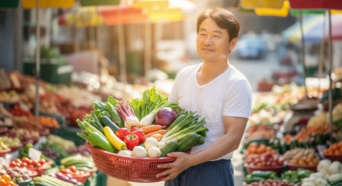 채소가 가득 담긴 장바구니를 든 사람