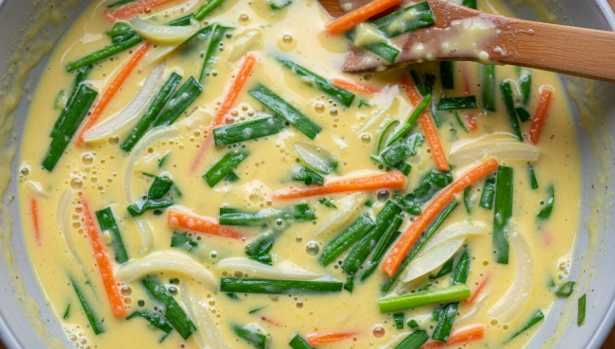 부추 사이사이로 하얀 반죽 물이 얇게 코팅되듯 섞여 있는 가벼운 느낌의 반죽 모습