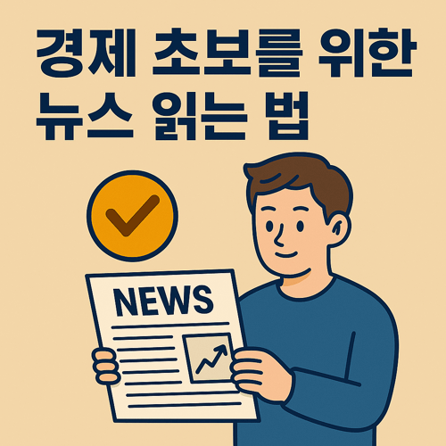 경제 초보자를 위한 뉴스 읽는 방법을 안내하는 썸네일 이미지로, 뉴스 신문을 들고 있는 남성과 체크 아이콘이 포함된 경제 정보 입문자용 일러스트