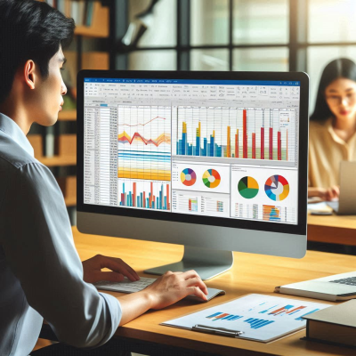 데이터 표와 그래프가 표시된 컴퓨터 화면을 보고 있는 직장인.