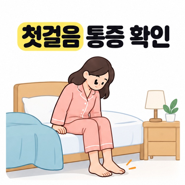첫걸음 통증 확인 문구 아래 잠옷을 입은 여성이 침대 가장자리에 앉아 바닥에 내려놓은 발을 살피는 그림