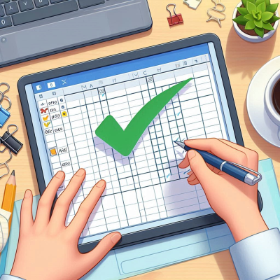 노트북 화면에서 스프레드시트의 체크 표시를 검토하는 장면.