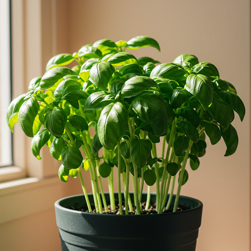 바질이 화분에서 잘 자라고 있다.