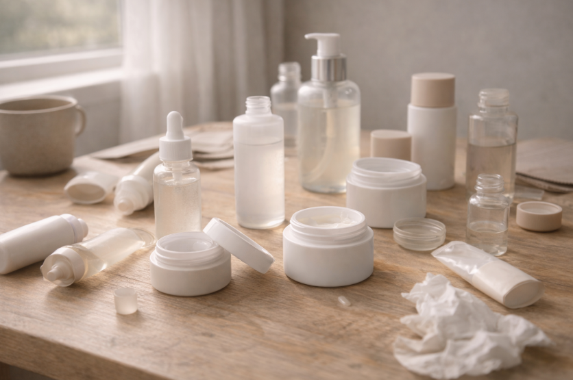 여러 스킨케어 제품이 정돈없이 흩어진 책상 이미지