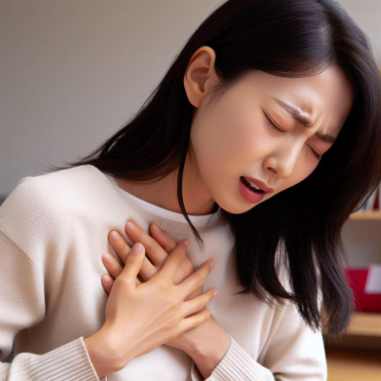 심혈관-질환-증상으로-가슴-통증을-느끼는-여성의-이미지