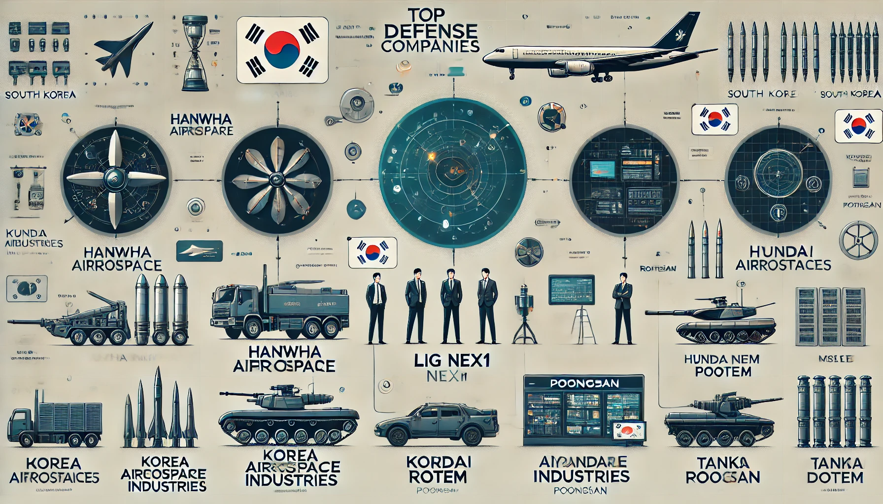 한국 방산 기업 5곳(한화에어로스페이스, LIG넥스원, 한국항공우주 등)의 주요 사업 인포그래픽.