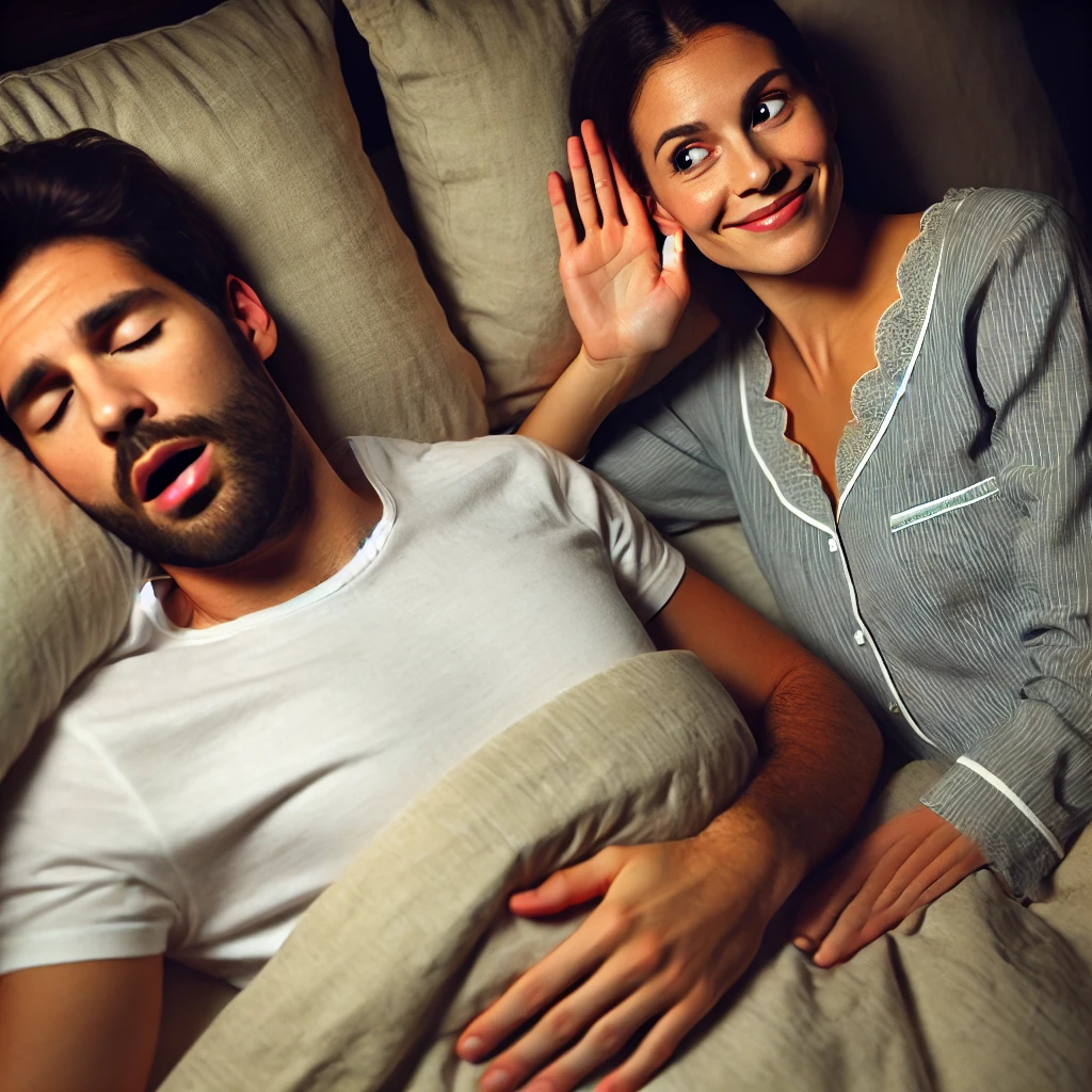 남편이 코골이를 하고 있고, 옆에서 부인이 들어보고 있는 장면의 그림