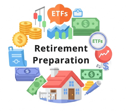 다양한 금융 상품(주식, 채권, 부동산, ETF 등)을 상징하는 아이콘들이 한데 모여 있고, 그 중심에 '은퇴 준비'라는 글자가 있는 이미지. 복잡한 은퇴 준비를 ETF가 단순화시켜 준다는 의미를 표현