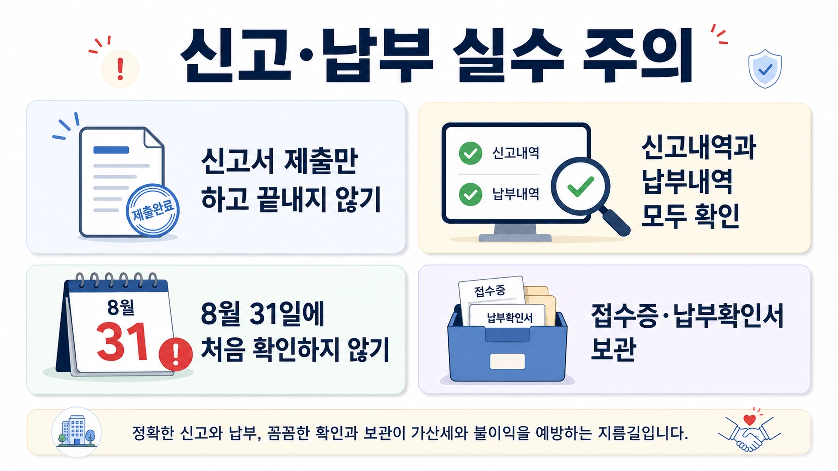 주민세 사업소분 신고 후 납부내역 확인과 납부확인서 보관을 안내하는 주의 이미지