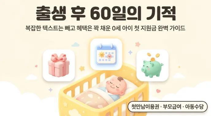 첫만남이용권, 부모급여, 아동수당: 아기가 침대에 누워있고 선물 상자(첫만남이용권), 달력(출생 후 60일 신청 기한), 저금통(부모급여·아동수당) 아이콘이 배치된 일러스트. '출생 후 60일의 기적'이라는 제목과 함께 첫만남이용권·부모급여·아동수당 세 가지 출산 지원금의 신청 순서와 핵심 기한을 안내하는 블로그 대표 이미지. 0세 아이 첫 지원금 신청방법을 한눈에 보여주는 인포그래픽 스타일의 대표 이미지.