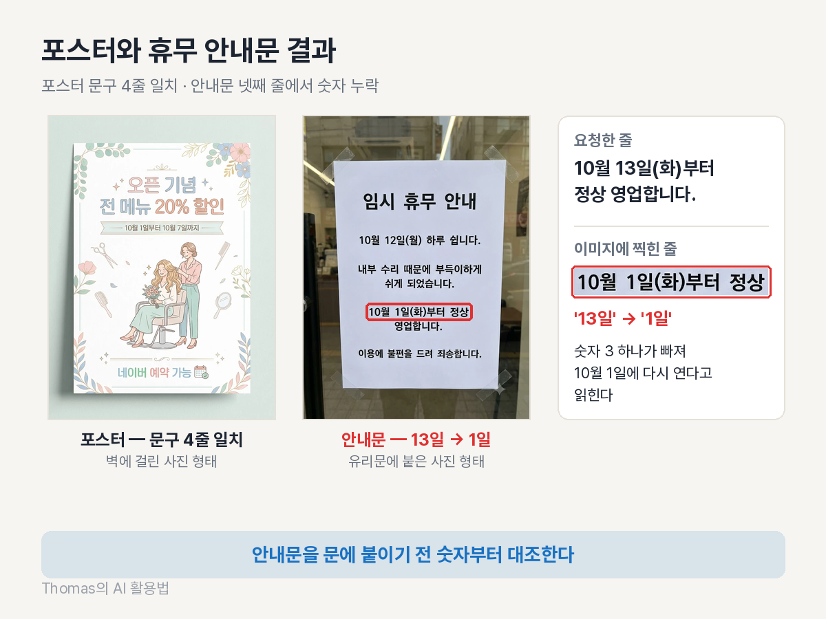 제미나이로 만든 미용실 오픈 포스터와 임시 휴무 안내문 결과, 13일이 1일로 찍힌 줄 표시