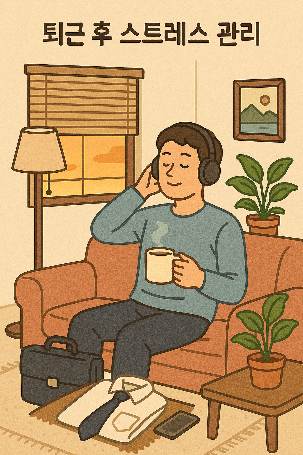 집 소파에서 편안히 앉아 음악을 듣고 있는 직장인